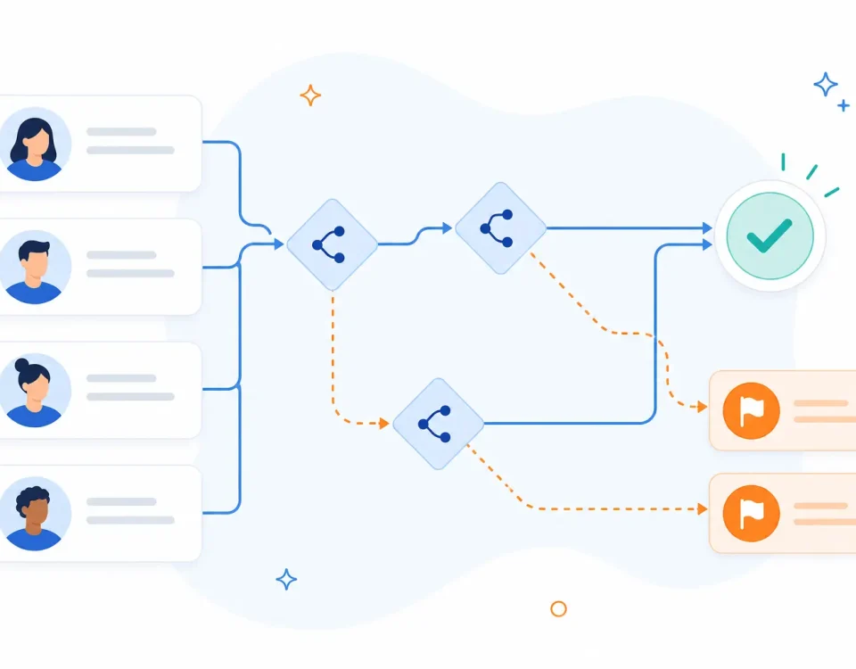 CRM duplicate records automation workflow showing contact records merging automatically with flagged records routed for review