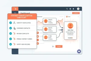 HubSpot data cleanup tool checklist showing duplicate contact records being merged into one clean entry