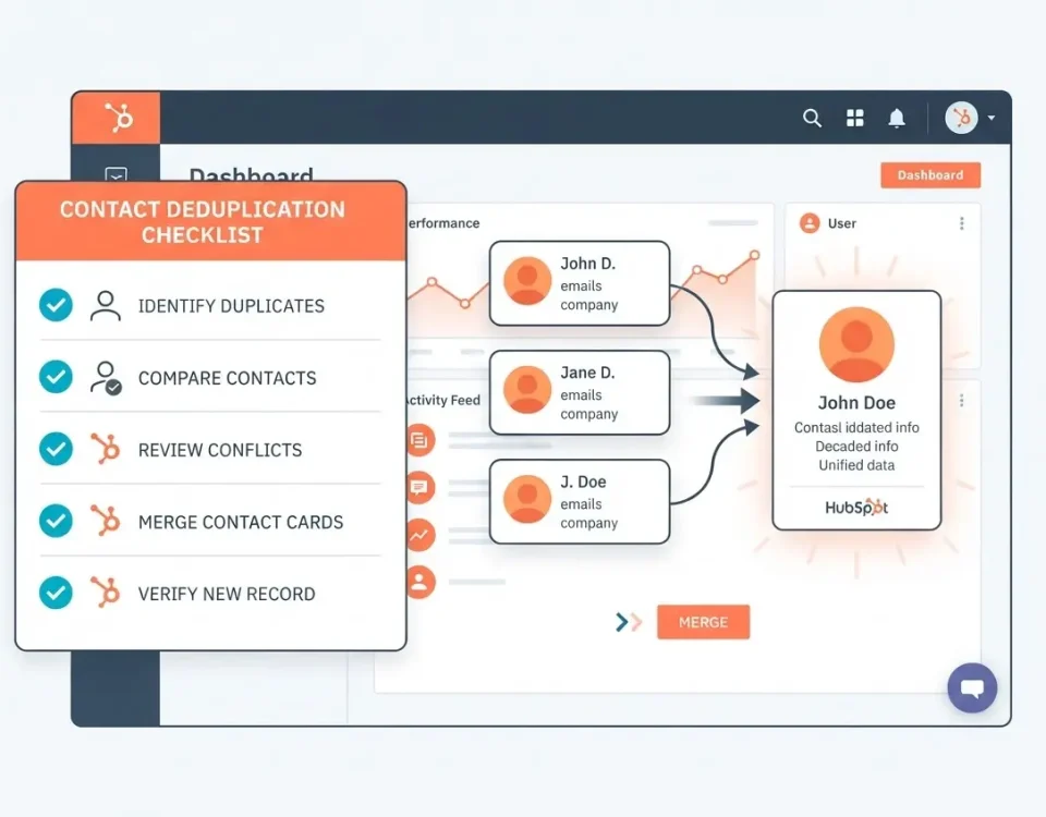 HubSpot data cleanup tool checklist showing duplicate contact records being merged into one clean entry