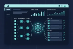 Illustration of AI CRM data matching transforming RevOps workflows, showing automated data quality checks replacing manual rules