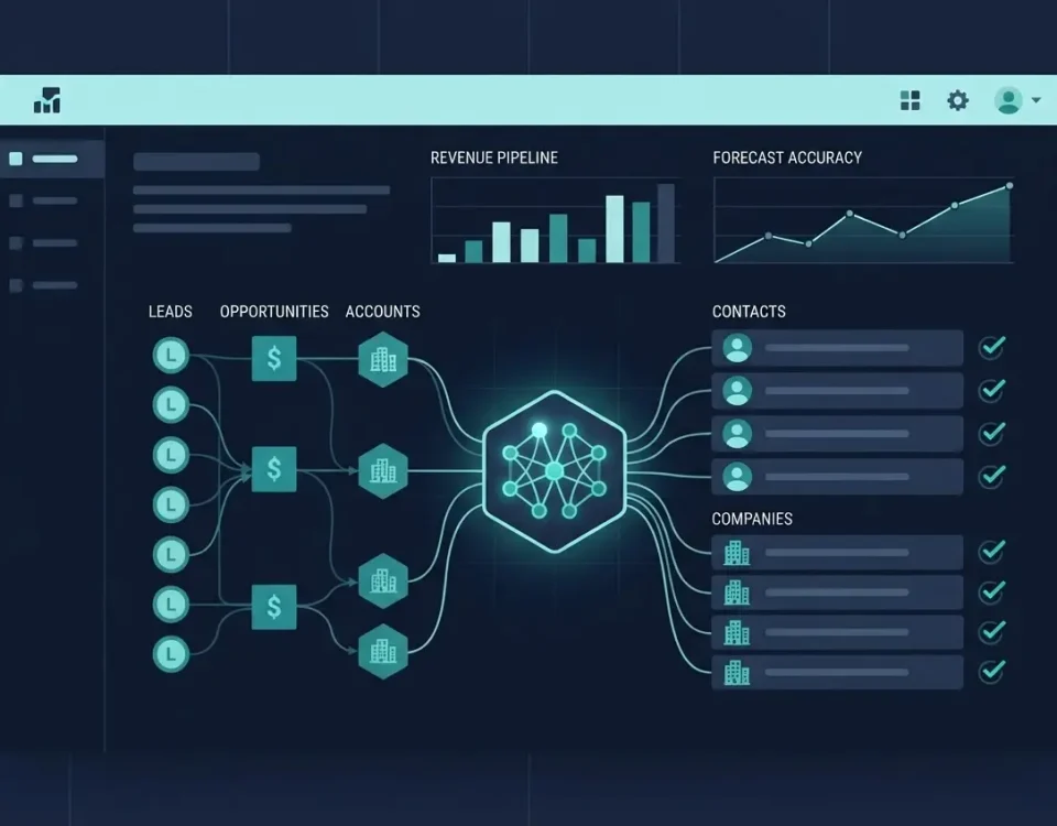 Illustration of AI CRM data matching transforming RevOps workflows, showing automated data quality checks replacing manual rules