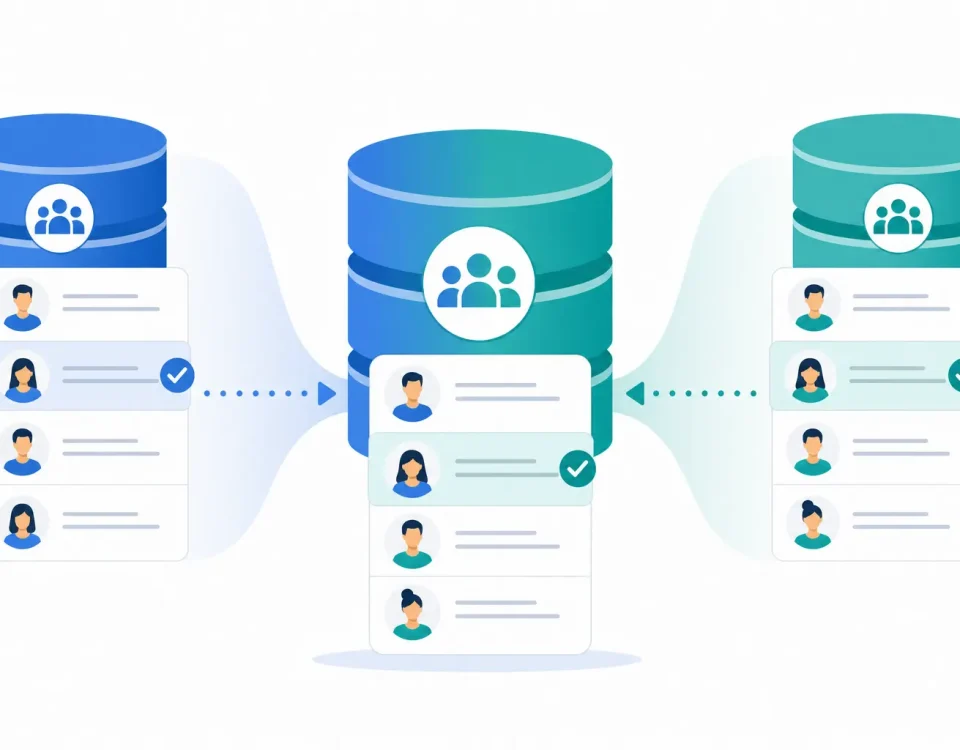 Diagram showing clean CRM data migration during a company merger, two separate CRM databases combining into one deduplicated system
