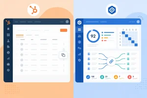 HubSpot data cleanup tool comparison showing native duplicate manager next to a third-party data quality dashboard