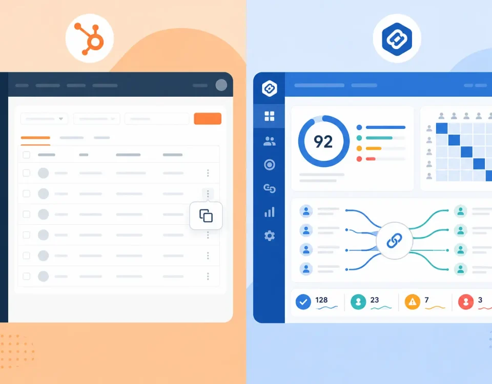HubSpot data cleanup tool comparison showing native duplicate manager next to a third-party data quality dashboard