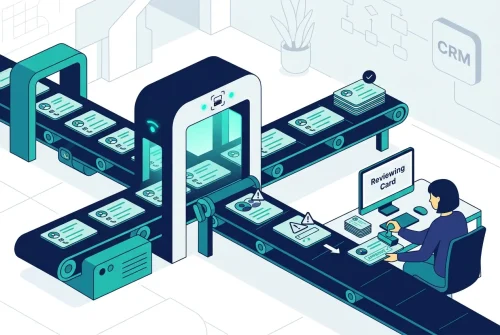 Automated scanning of CRM contact records routed to a human review desk, illustrating CRM data deduplication best practices