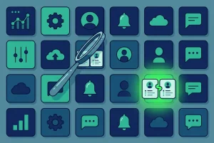 Magnifying glass inspecting app tiles in a marketplace grid to find the best CRM deduplication tool for Pipedrive contact data