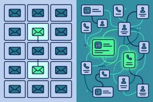 AI CRM data matching shown as a flexible network linking contact cards by LinkedIn, phone and name, next to a rigid rule-based grid that links only email