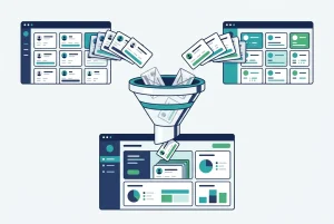 Clean CRM data migration illustrated as two HubSpot portals passing contacts through a duplicate filter into one merged account