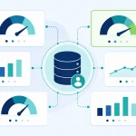 CRM data quality dashboard with six metric tiles for duplicates, completeness, accuracy, consistency, validity and freshness around a CRM database
