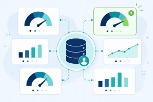 CRM data quality dashboard with six metric tiles for duplicates, completeness, accuracy, consistency, validity and freshness around a CRM database